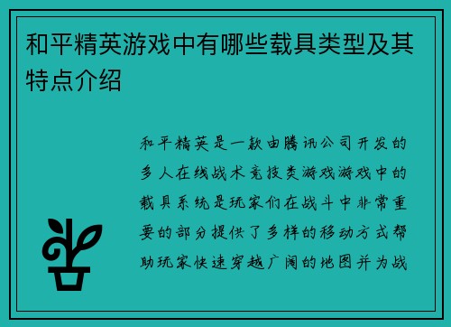 和平精英游戏中有哪些载具类型及其特点介绍